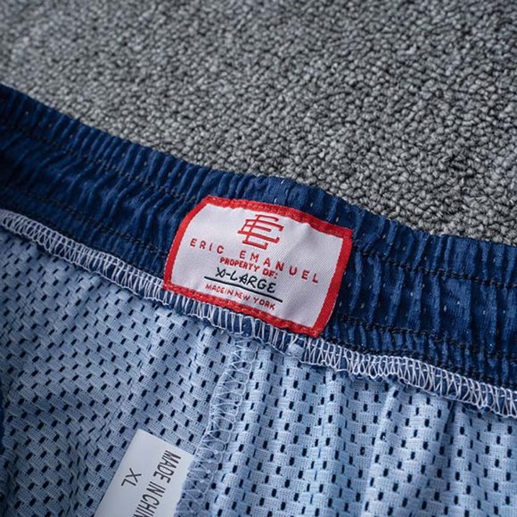 Eric Emanuel EE logo Red Flame Print Casual Blue Sports Shorts - Picture 10 of 12